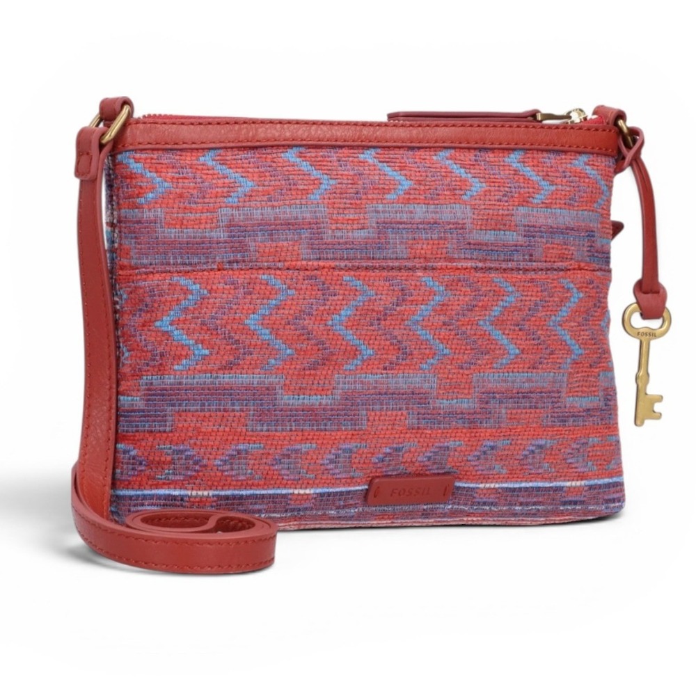 Fossil‎ Fiona Small Crossbody Bag Red Blue Woven Tapestry Leather Trim Purse